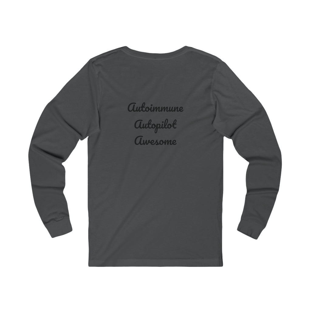 Dark gray long-sleeve shirt with text on a white background