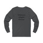 Dark gray long-sleeve shirt with text on a white background