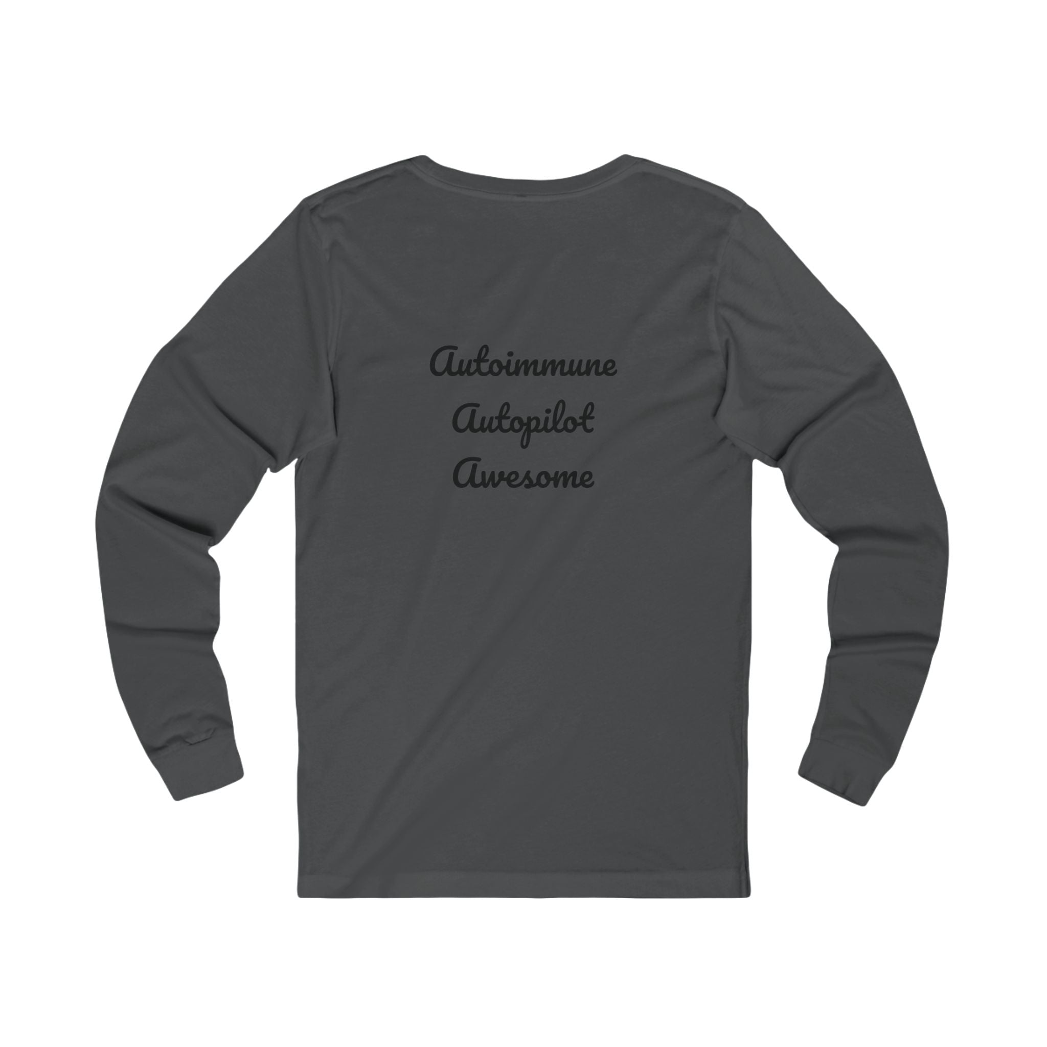 Dark gray long-sleeve shirt with text on a white background