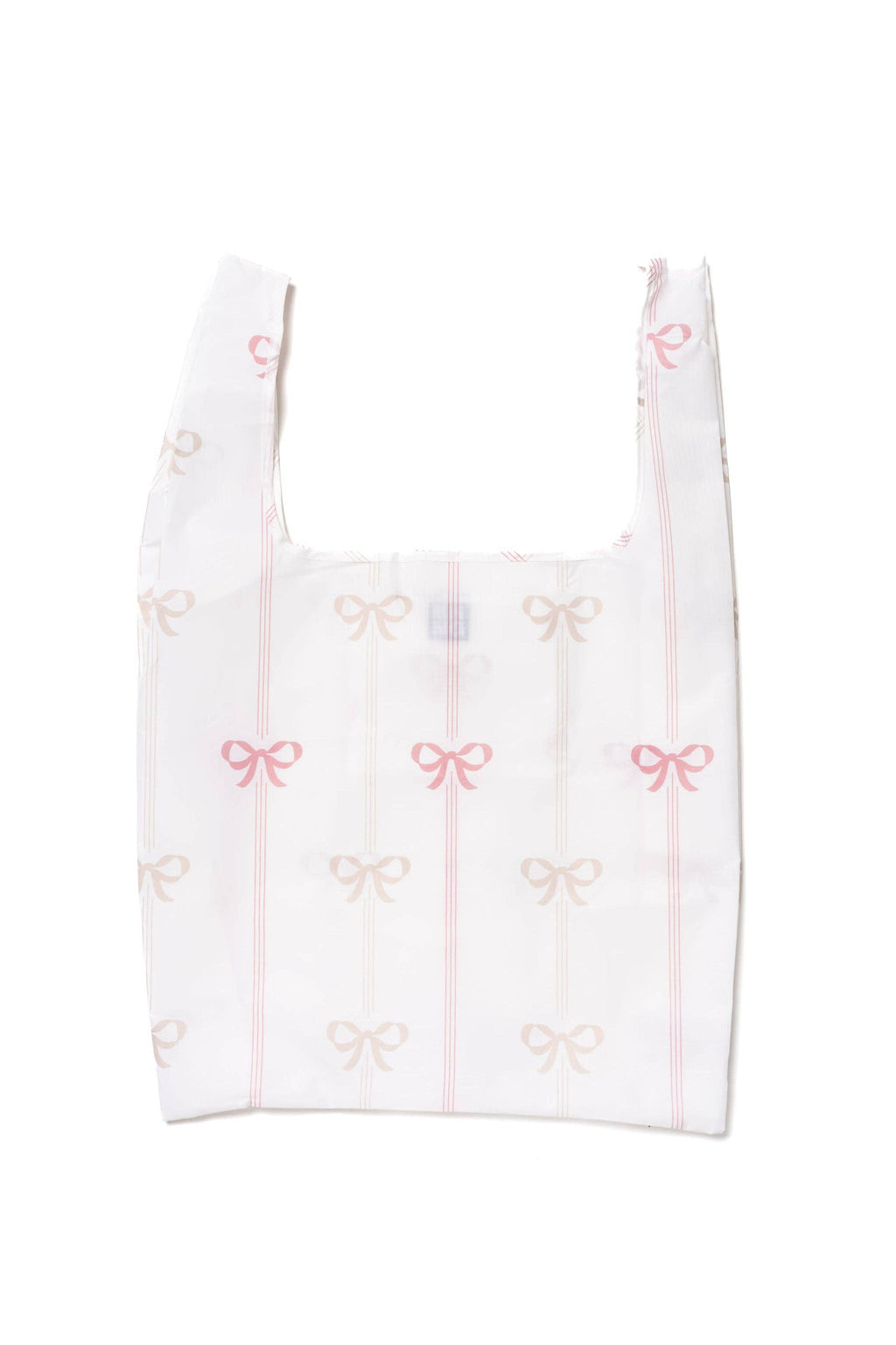 Vivi Daily Shopper from BRNG Bag unfolded with pink bows and a white background.