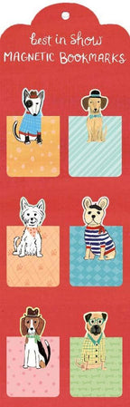 Close-up of six dog-themed magnetic bookmarks on illustrated backing card