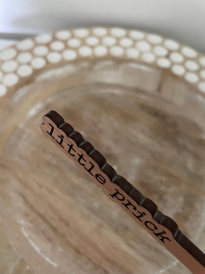 Engraved “Little Prick” plant marker in a cactus or succulent pot, adding a snarky touch to your prickly plant.