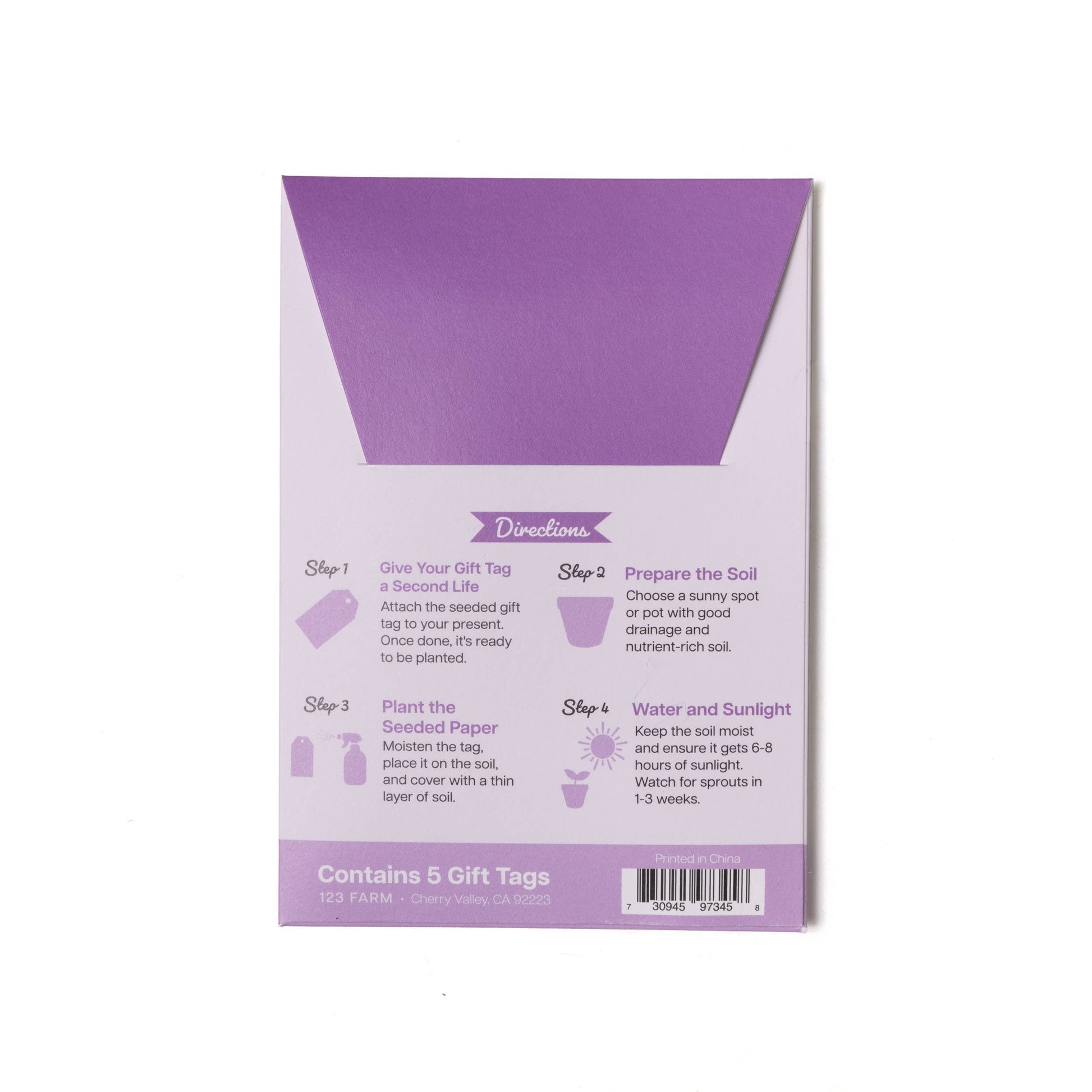 Purple gift tag packaging with lavender planting instructions on a white background