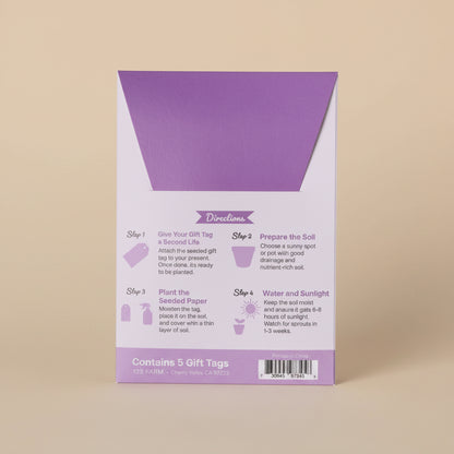 Purple gift tag packaging with lavender planting instructions on a white background