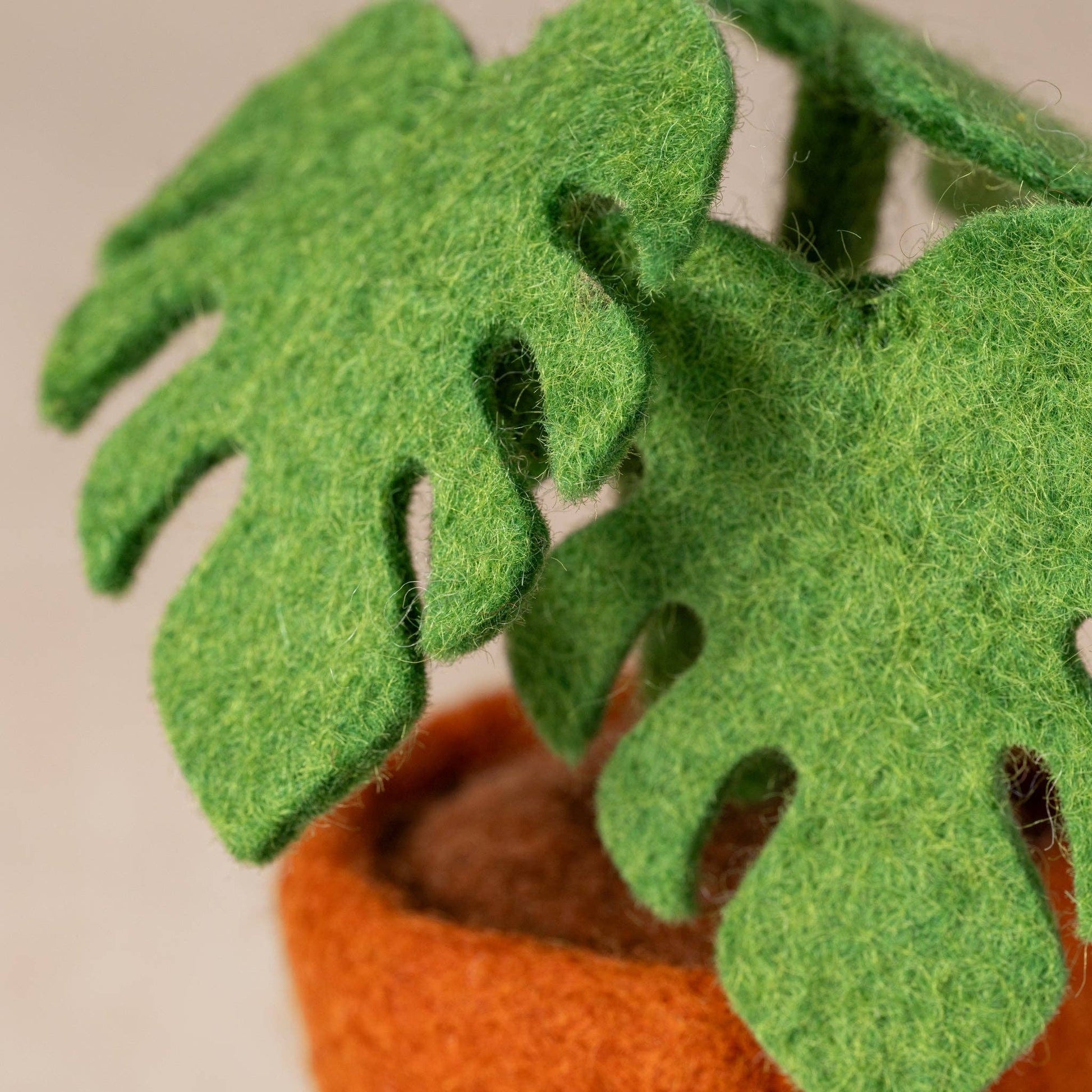 Close-up of felt Monstera plant with three textured stems in a compact pot