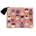 Medium Handmade Floral Pouch with Tulips on Pink Embroidered Coin Purse