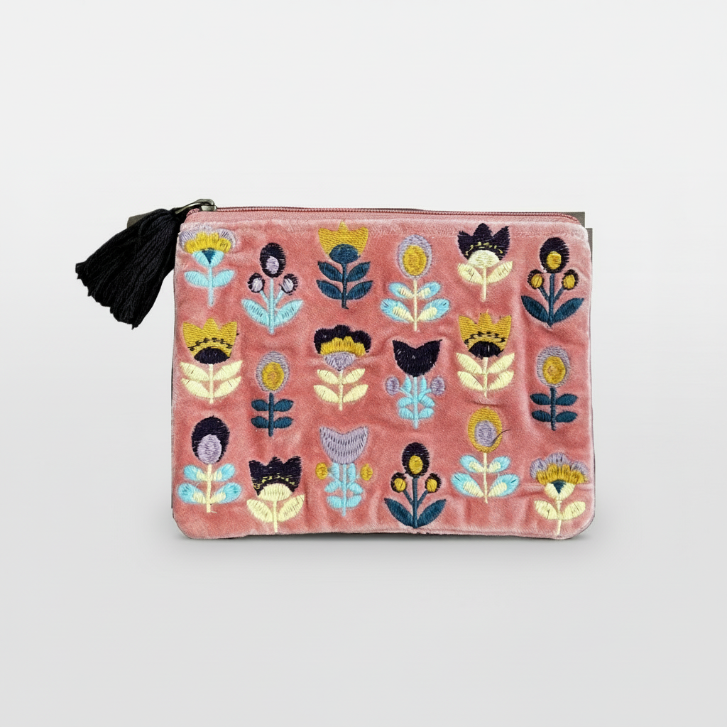 Medium Handmade Floral Pouch with Tulips on Pink Embroidered Coin Purse