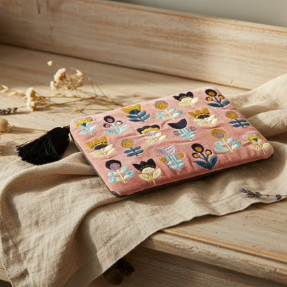 The medium Handmade Floral Pouch with Tulips on Pink Embroidered Coin Purse flat lay on a wooden desk with neutral background and natural accessories. 