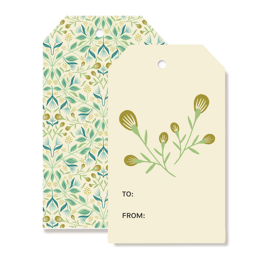 Close-up of floral details in rich, cool tones on white tag background