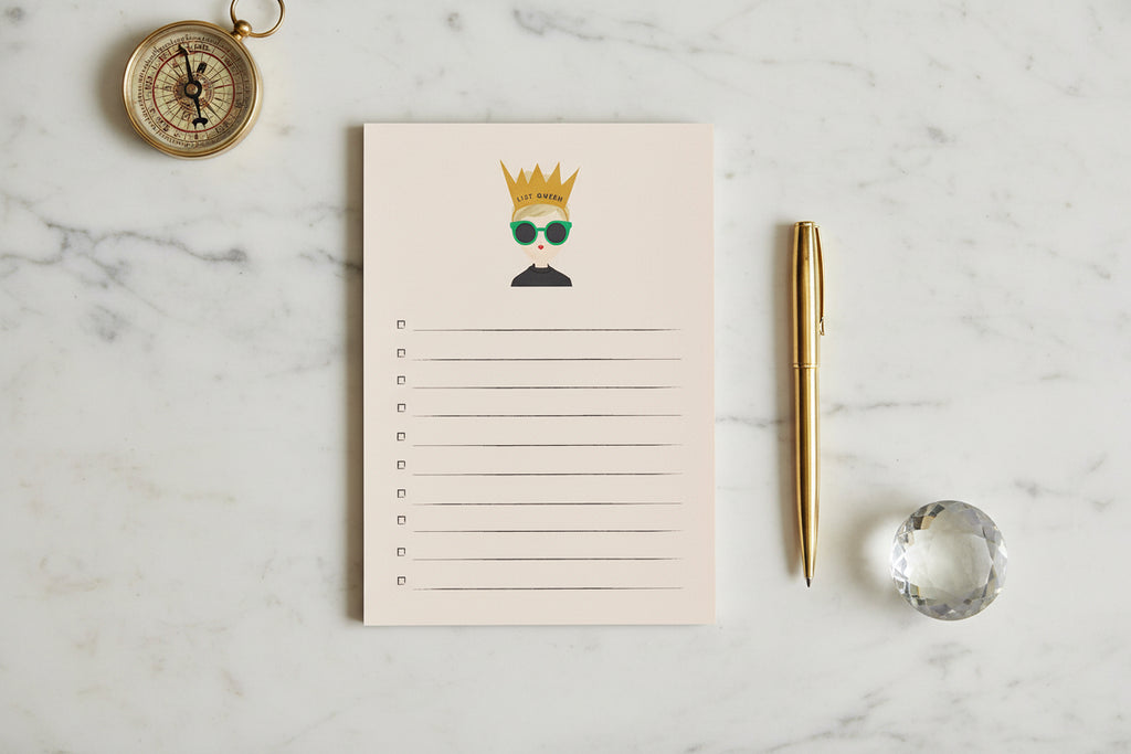 A to-do list notepad with a cartoon queen illustration at the top and lined spaces for writing on the bottom, on a beige background.