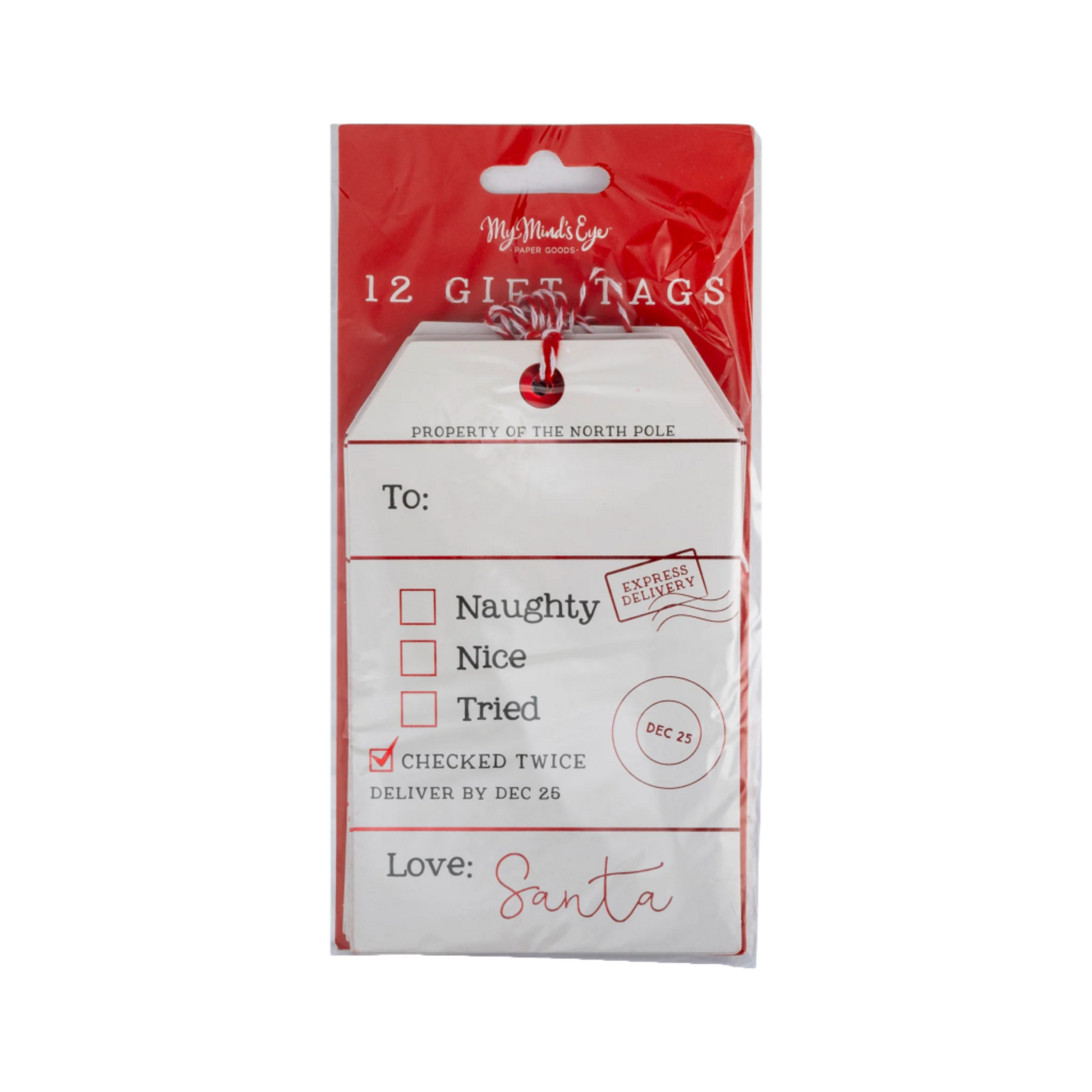 Pack of 12 gift tags with a humorous Santa-themed design on a white background.