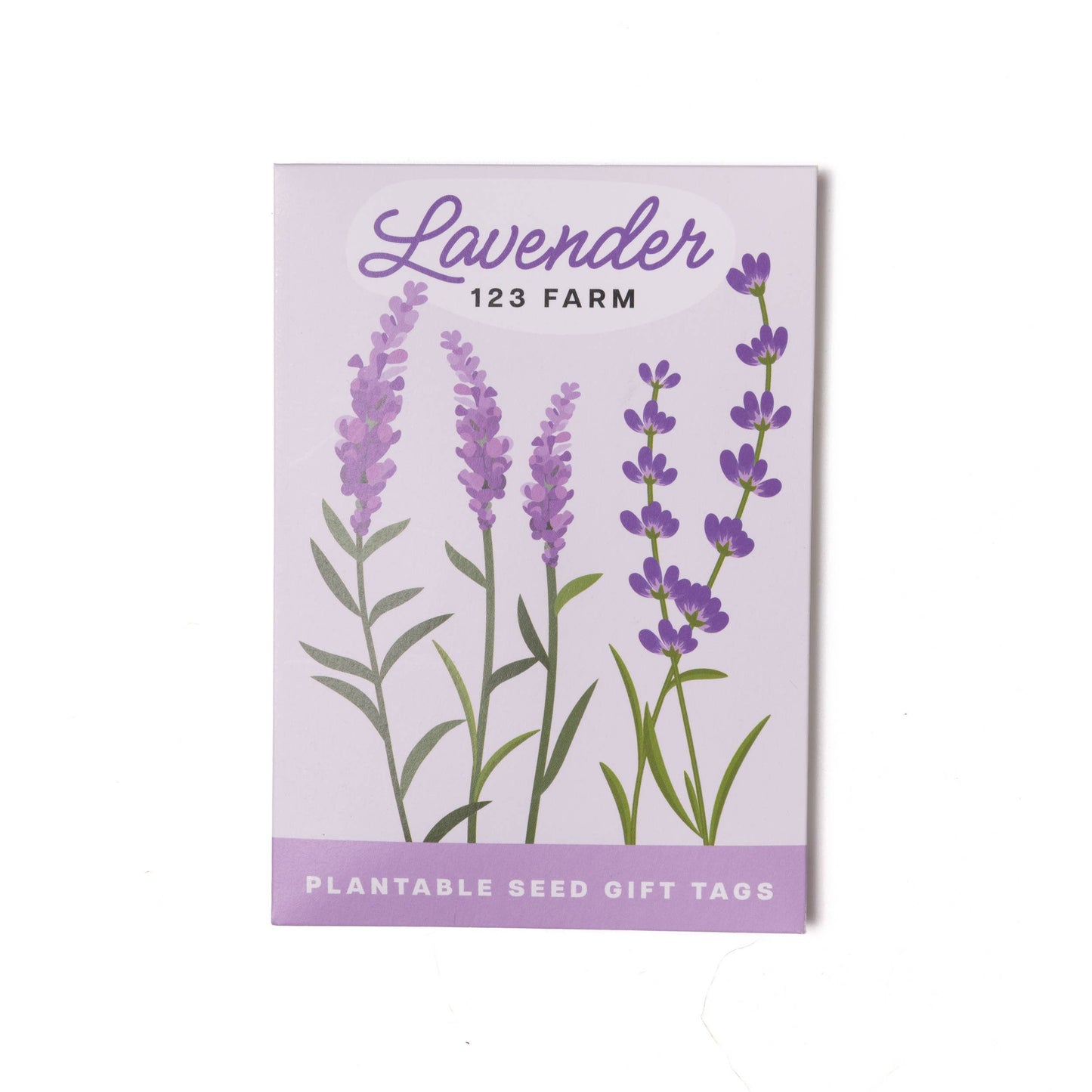 Pack of lavender-themed plantable seed gift tags with 'Lavender 123 Farm' branding on a white background.
