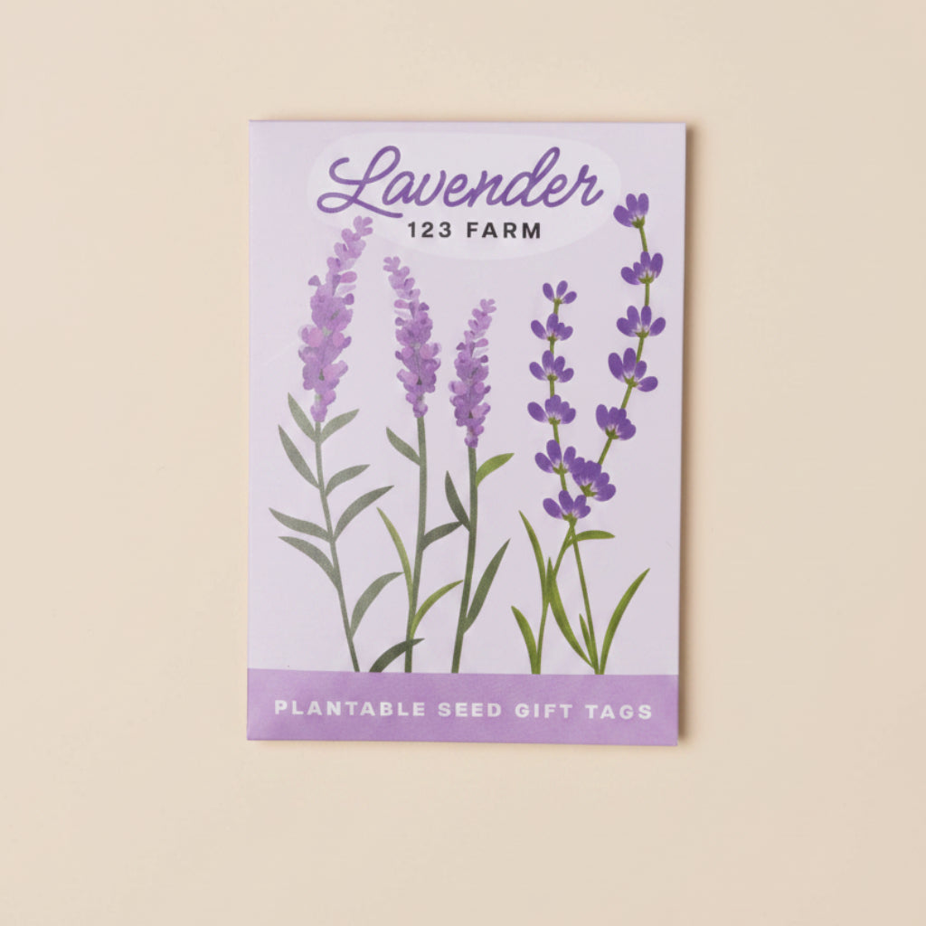 Pack of lavender-themed plantable seed gift tags with 'Lavender 123 Farm' branding on a white background.