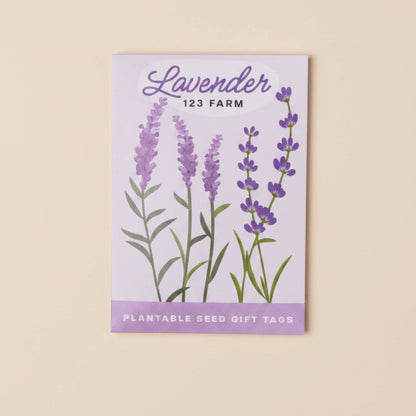 Pack of lavender-themed plantable seed gift tags with 'Lavender 123 Farm' branding on a white background.