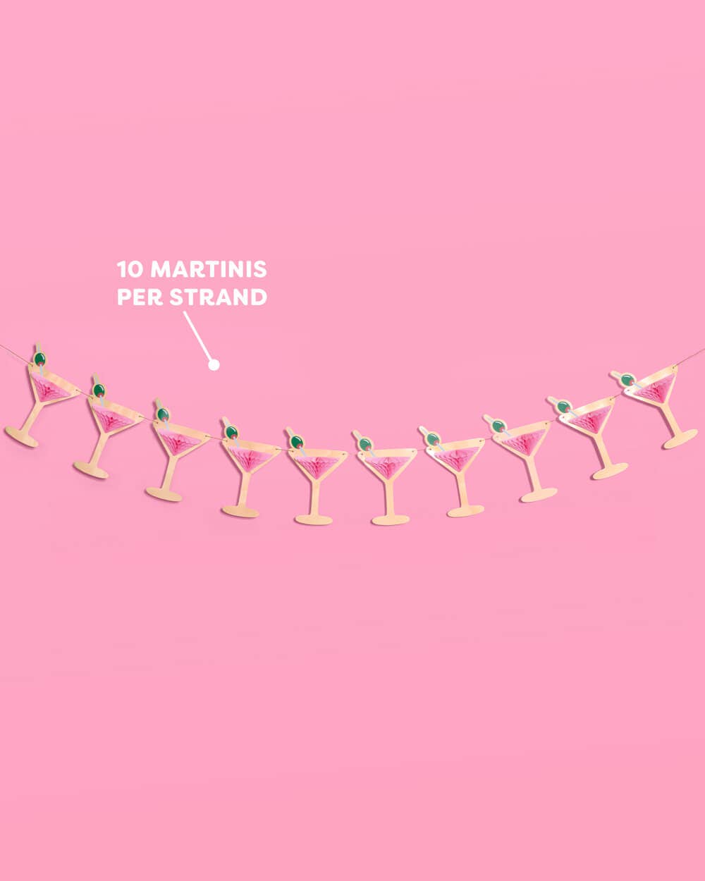 Martini banner with gold foil martini glasses, green olives, and pink tissue accents | 3D paper garland for parties