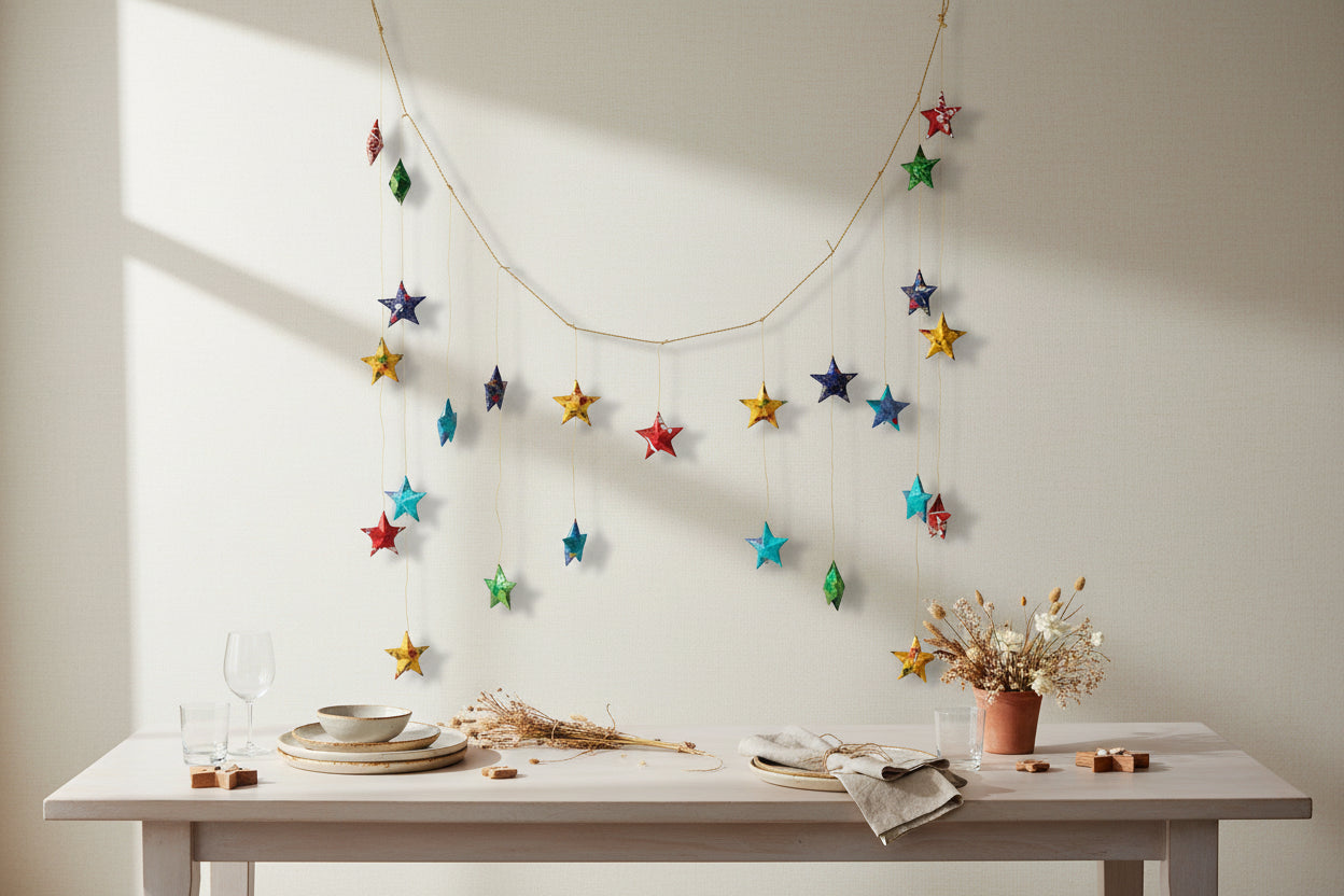 Colorful star-shaped decorations hanging on a wall above a table with a minimalistic setting.