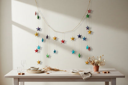 Colorful star-shaped decorations hanging on a wall above a table with a minimalistic setting.