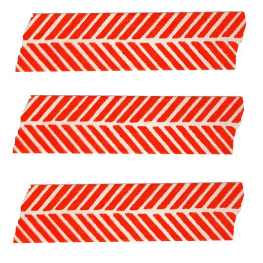 Three strips of red and white tape with a chevron pattern on a white background.