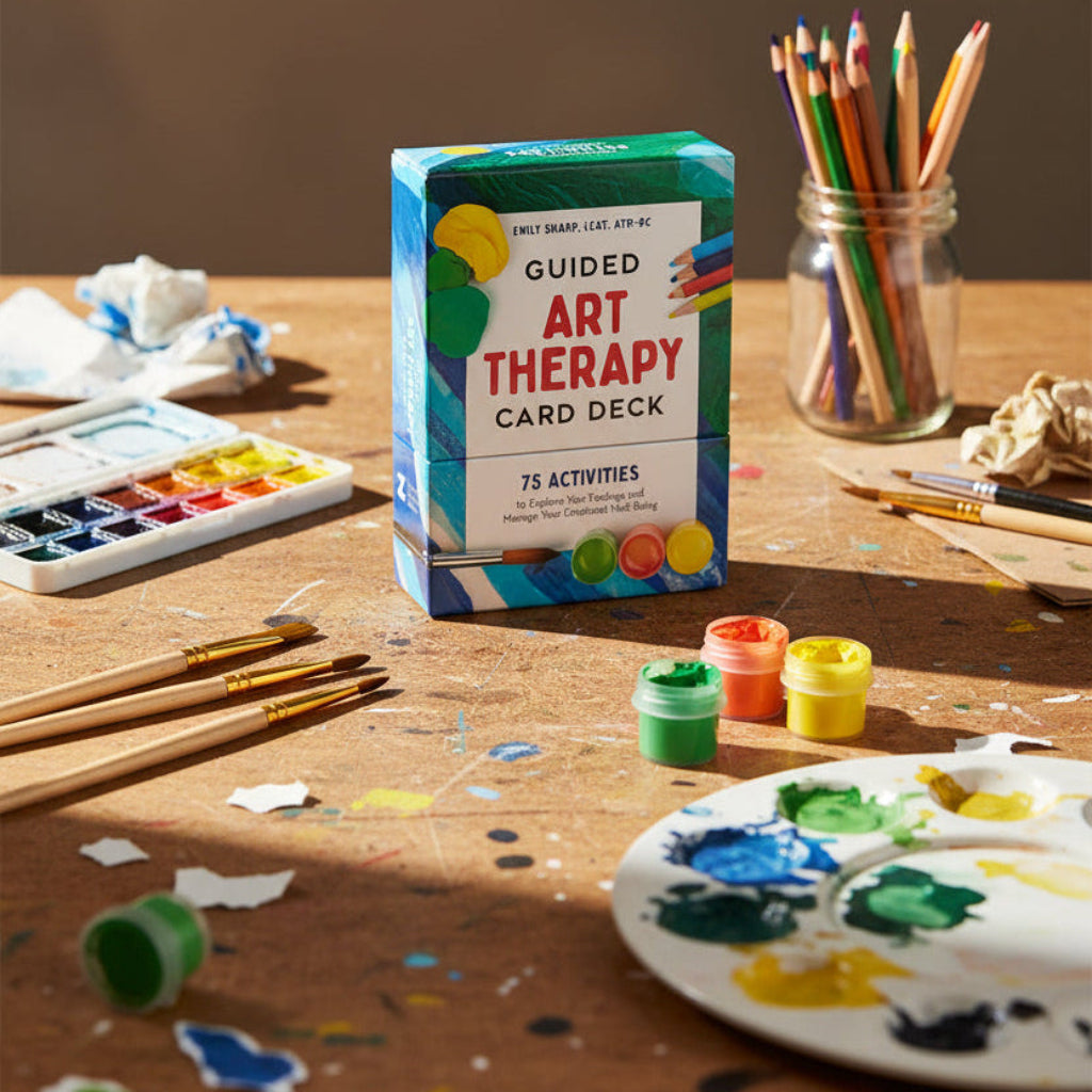 Guided Art Therapy Card Deck packaging with colorful design on a gray background
