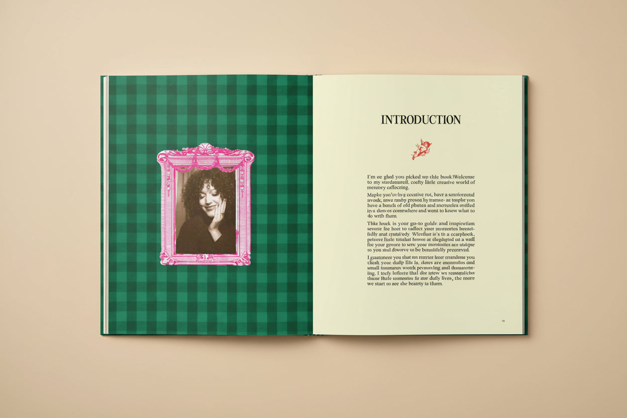Book open to an introduction page with a pink frame and portrait on a green checkered background
