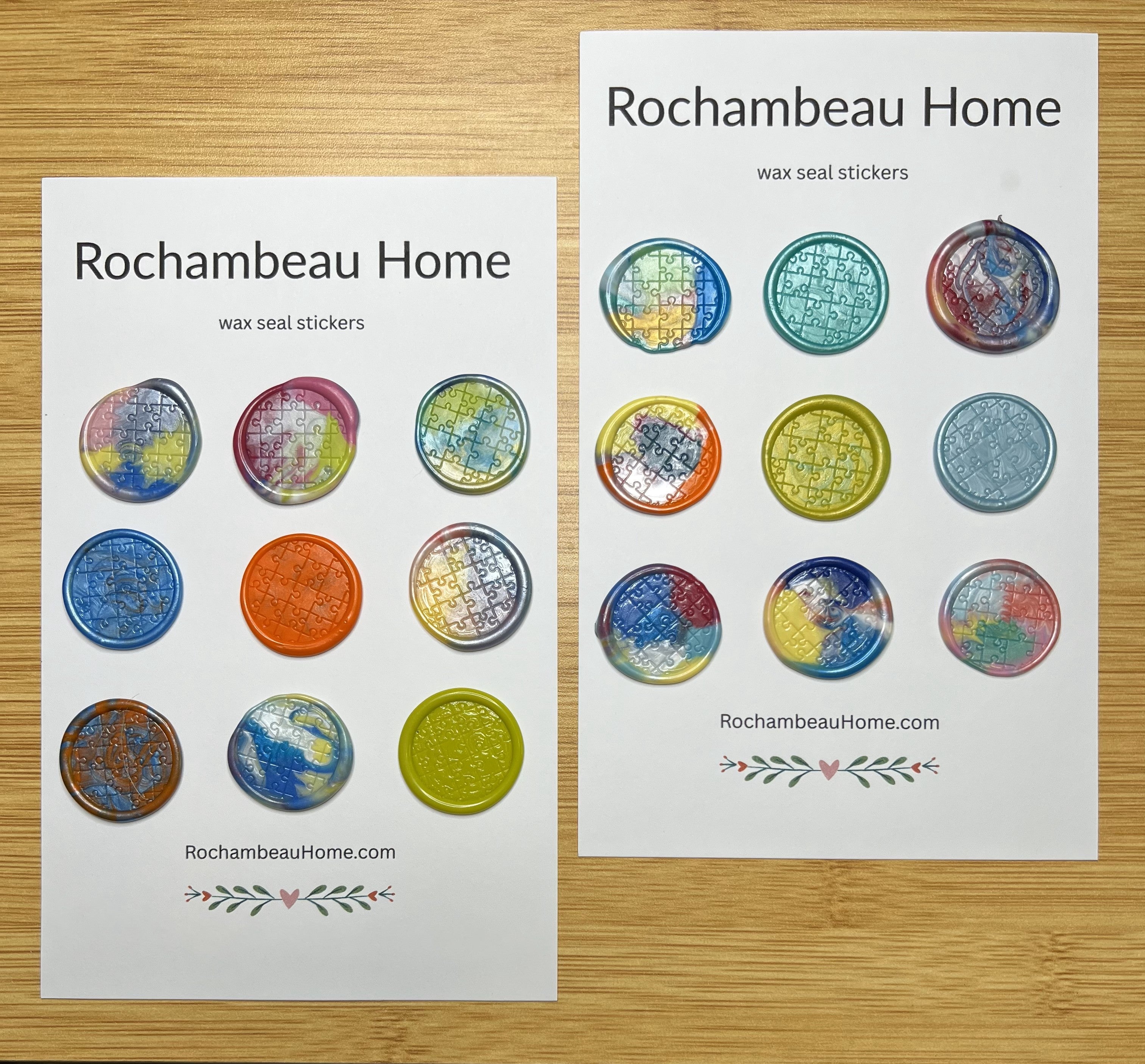 Close up view of the Autism Awareness wax seal stickers 