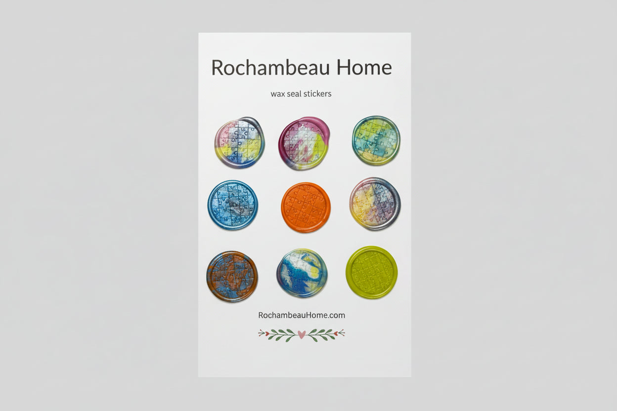 Close up view of the Autism Awareness wax seal stickers created by Rochambeau Home on a 9 pack card
