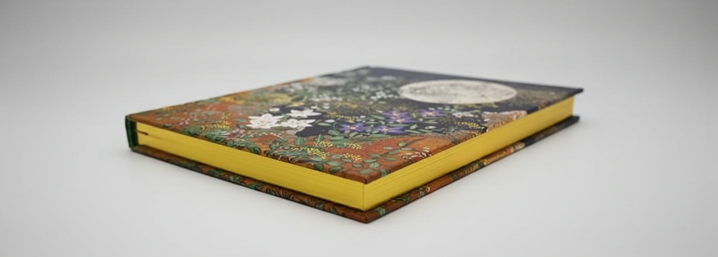 Close-up of embossed floral detail and shimmering gilded page edges