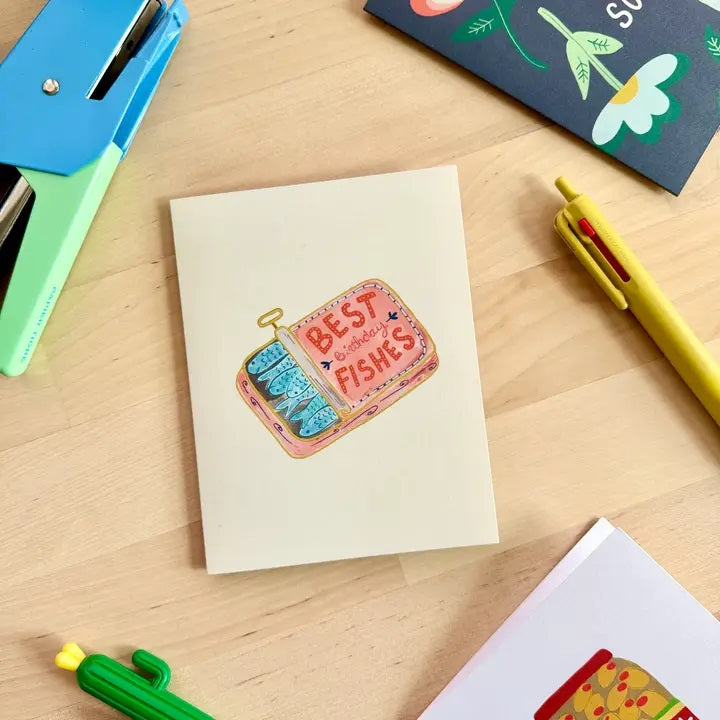 Sardine-themed birthday card with playful illustration