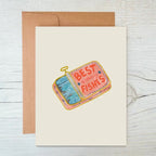Close up of the Sardine-themed birthday card with playful illustration