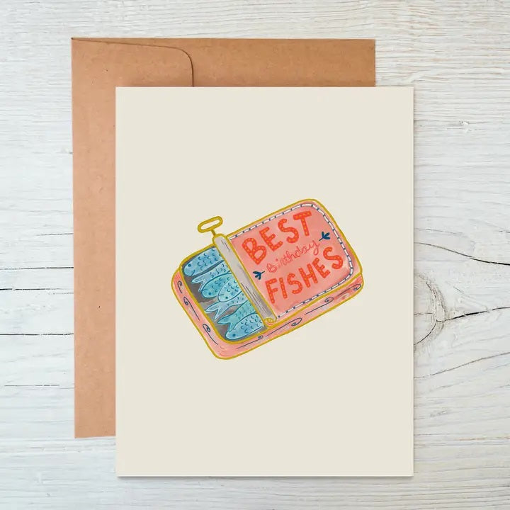 Close up of the Sardine-themed birthday card with playful illustration