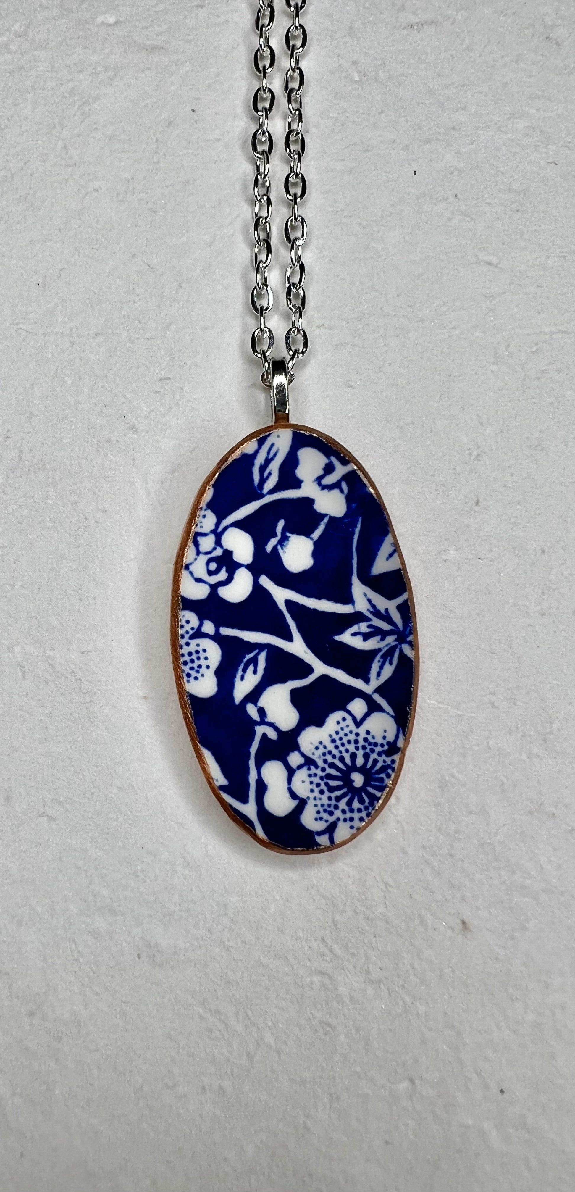 Recycled China Necklace – Oval Vintage Plate Pendant with Holiday Charm