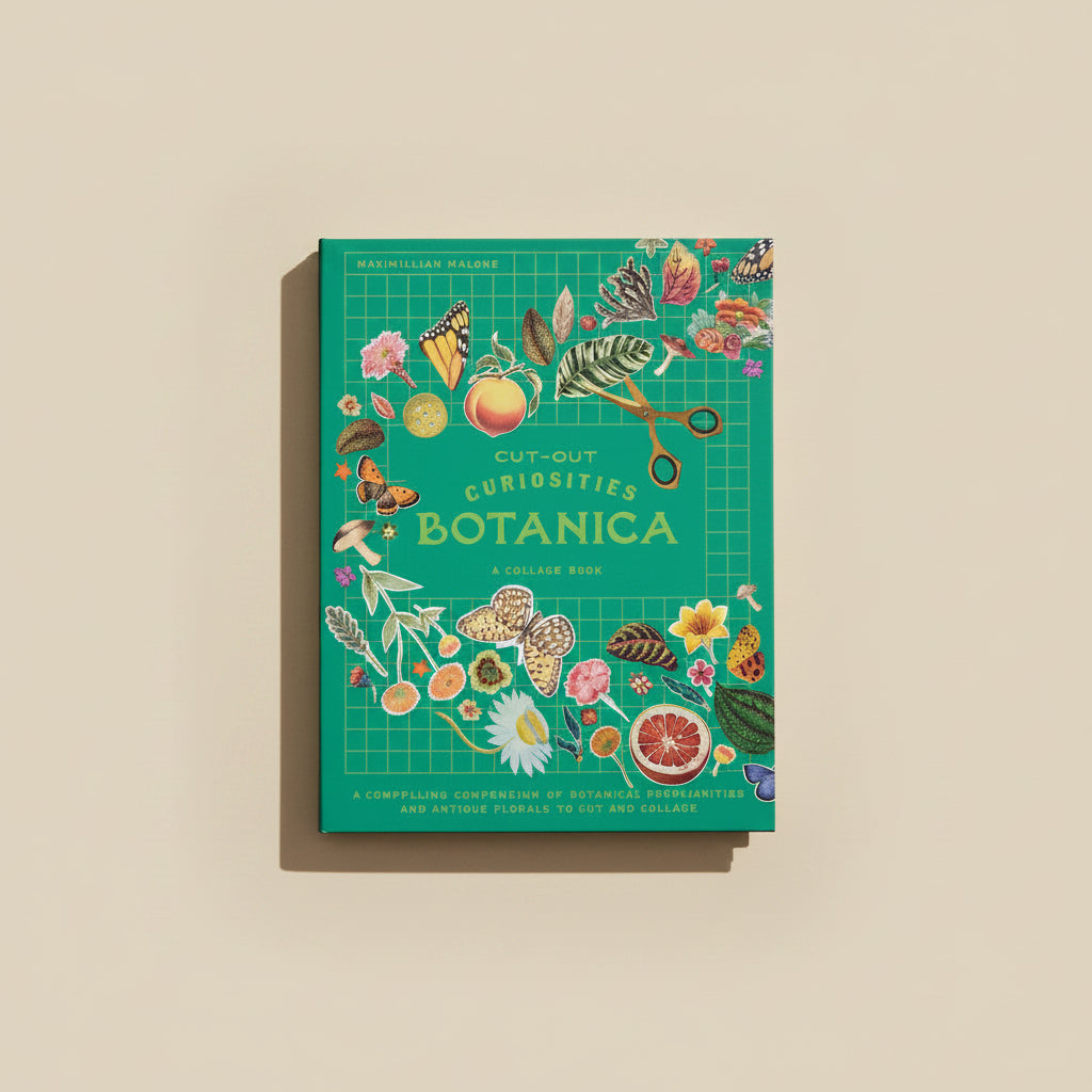 Colorful book titled 'Cut-Out Curiosities Botanica' on alight beige background