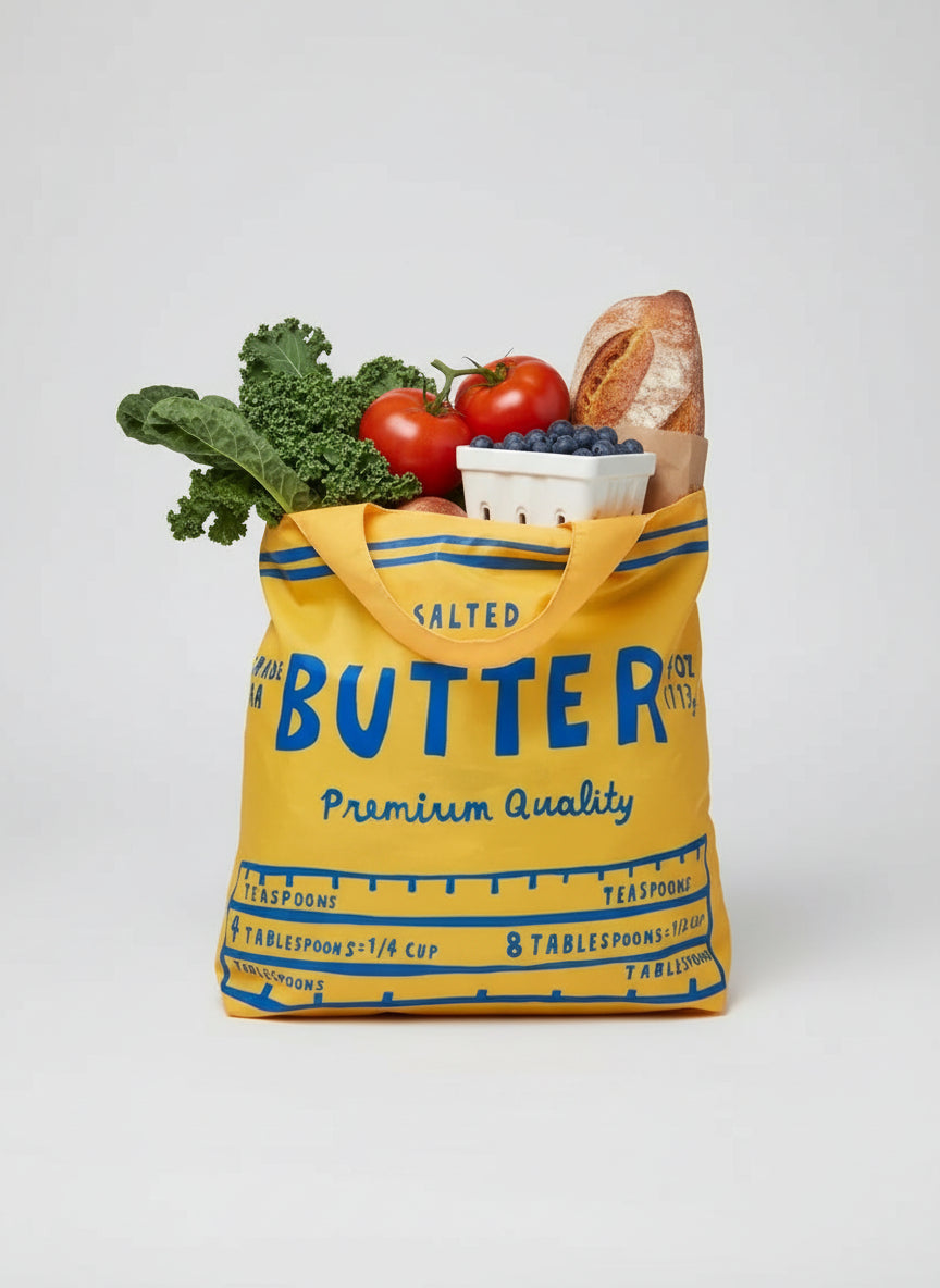 Yellow tote bag with blue text resembling a butter container label on a white background with vegetables and fruits.