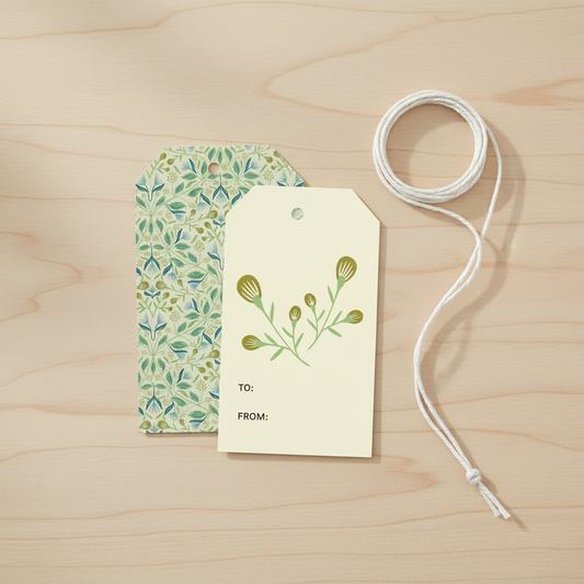 Floral gift tag and card with 'To' and 'From' fields on a desk background