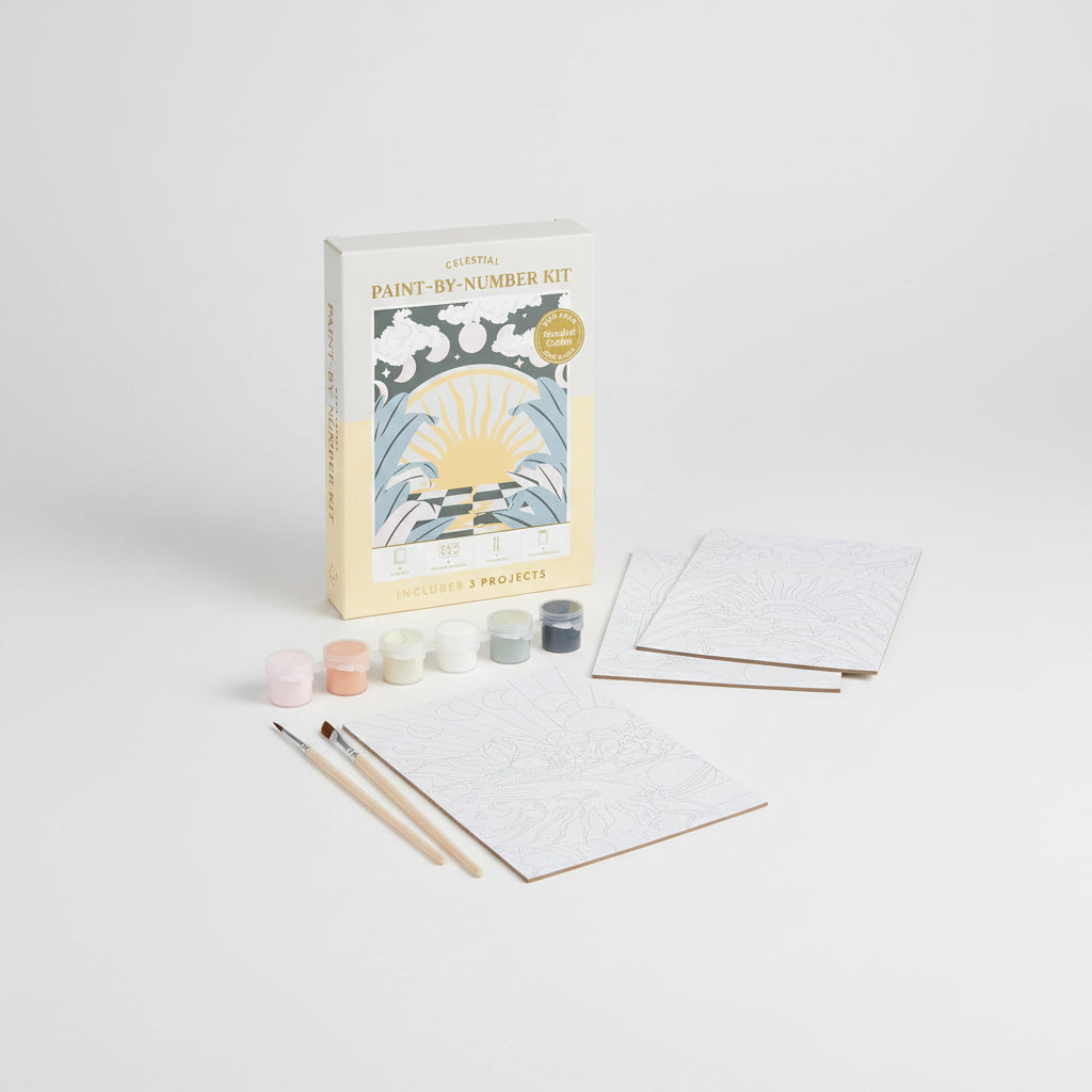 Celestial paint-by-number kit with packaging, canvases, paint, and brushes on a white background