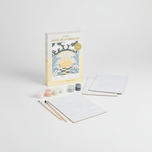 Celestial paint-by-number kit with packaging, canvases, paint, and brushes on a white background