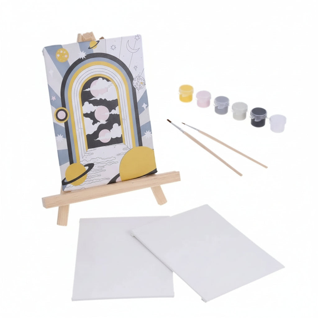 Painting set with canvas, paintbrushes, and paint containers on a white background