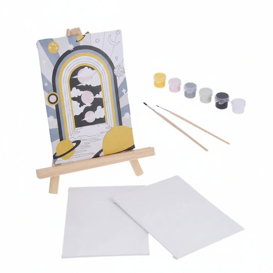 Painting set with canvas, paintbrushes, and paint containers on a white background