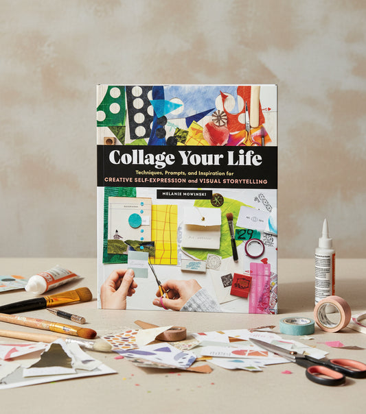 Book titled 'Collage Your Life' with colorful cover and text about self-expression and storytelling.