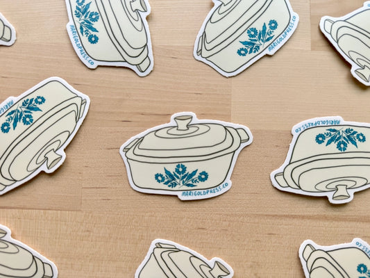 Humorous sticker featuring iconic Corningware design with retro charm to pair with birthday card