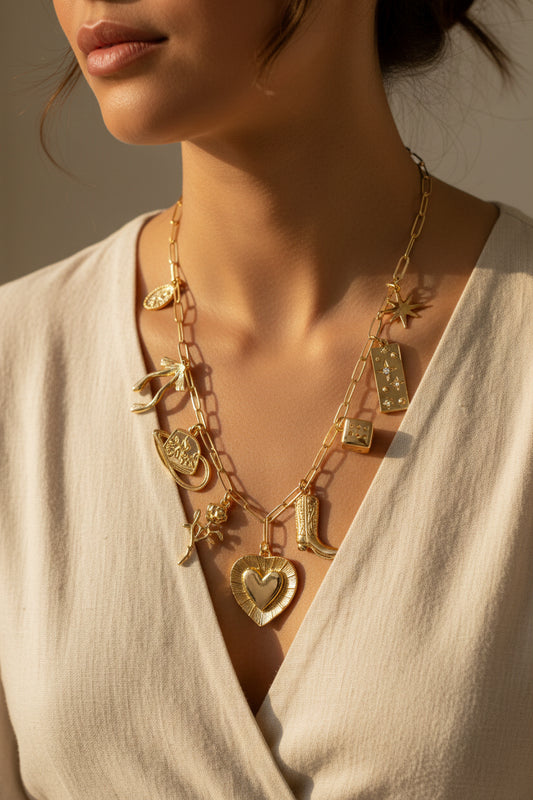 Gold chain necklace with various charms worn with a beige top 
