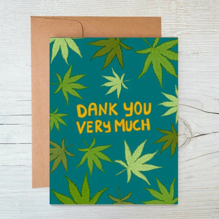 Cannabis-inspired thank you card with playful typography and kraft envelope