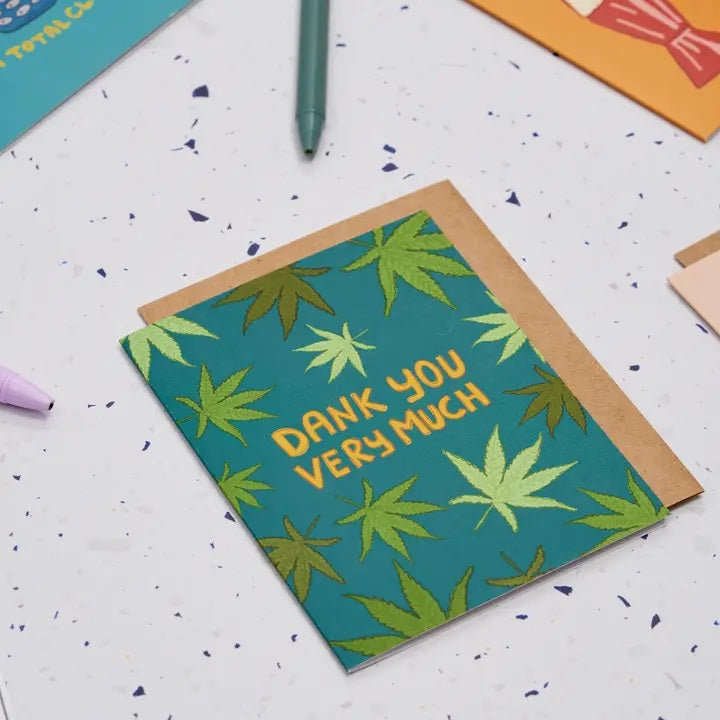 Close up of the Cannabis-inspired thank you card with playful typography