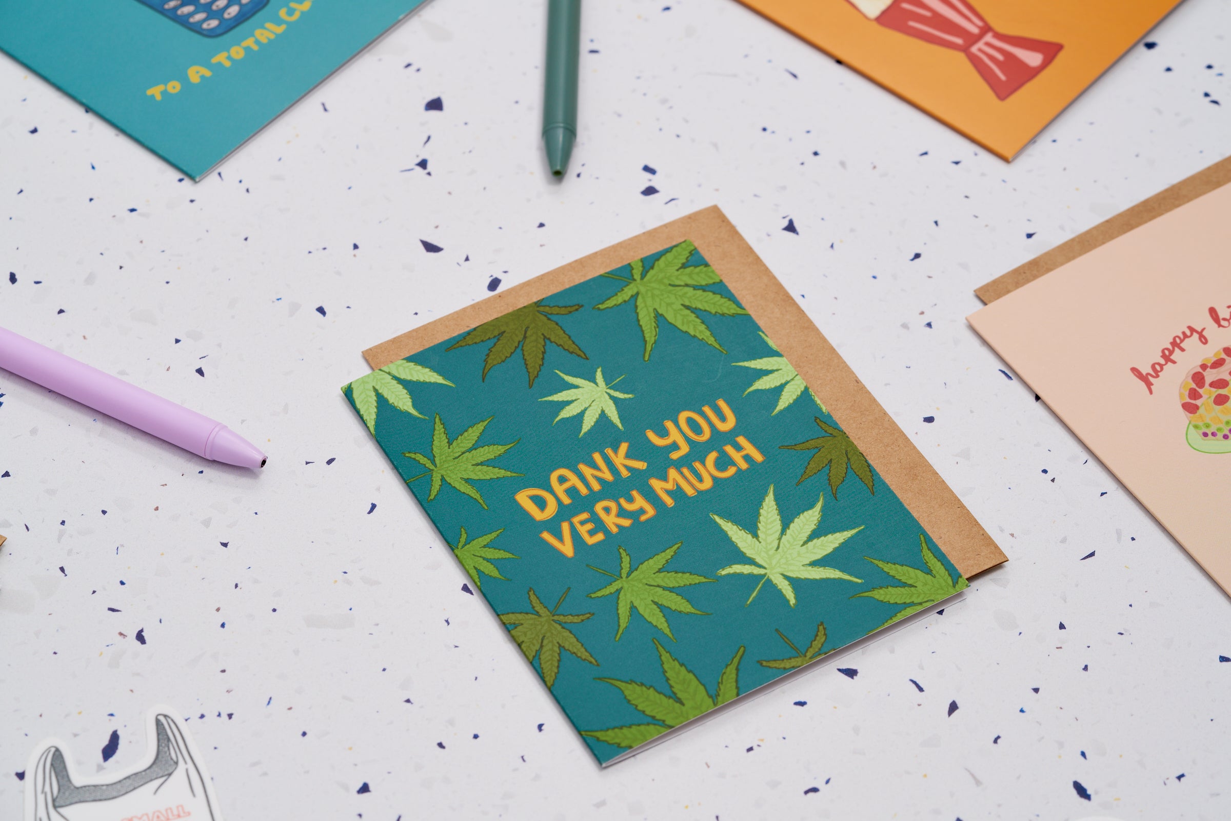 Dank You Very Much Thank You Card with playful typography and cannabis-inspired design