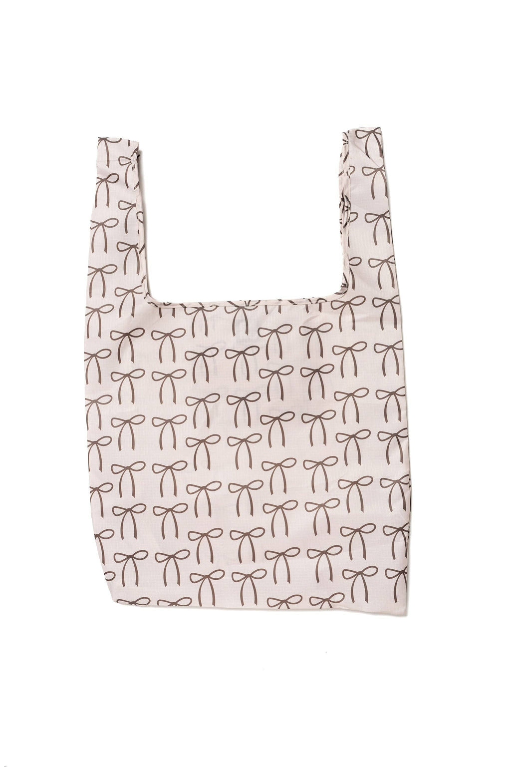 A cream-colored foldable tote adorned with brown bows, made from high-quality ripstop nylon for durable everyday use.