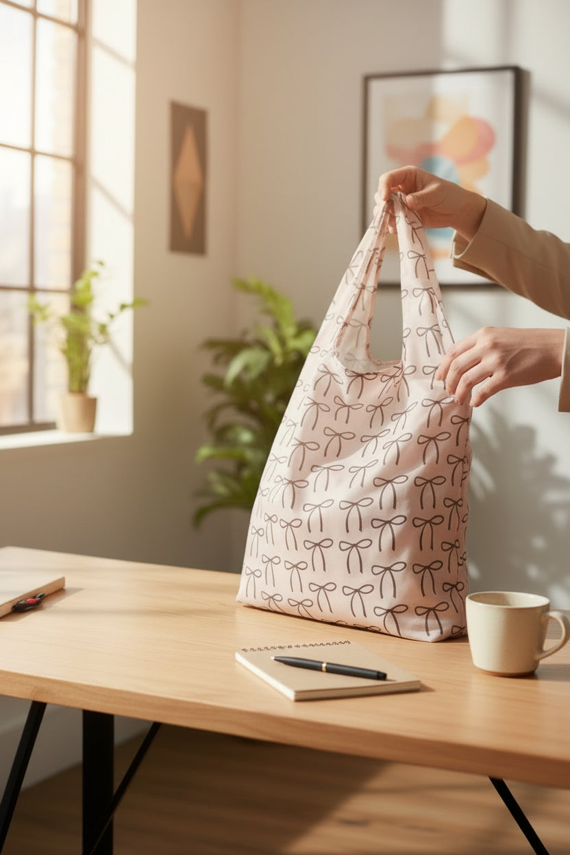Person holding a patterned bag over a table with a notebook and mug.