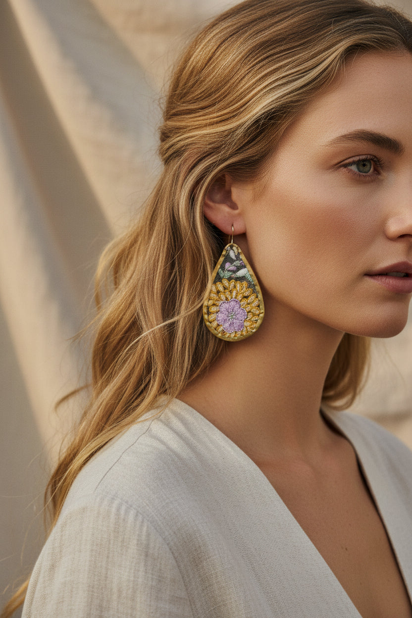 Teardrop-shaped earrings with floral designs being worn on a white and beige background