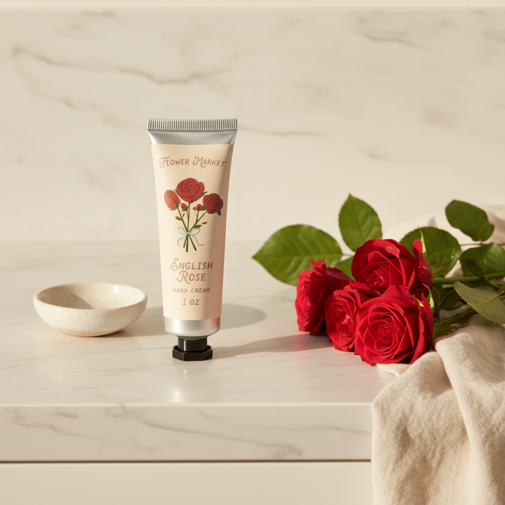 Hand cream tube labeled 'English Rose' with floral design on a beige background