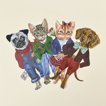 Illustration of four animal notecards (two dogs and two cats) dressed in colorful clothing on a white background.