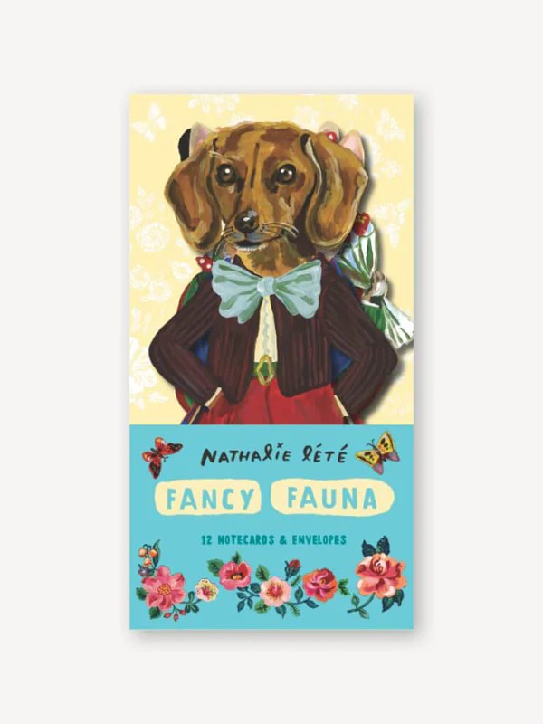 Set of 12 illustrated animal notecards with coordinating envelopes, showcasing fanciful pets in elegant attire with a vintage-inspired charm.